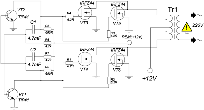 Схема преобразователя напряжения 12-220 Вольт 50Гц 300 Ватт