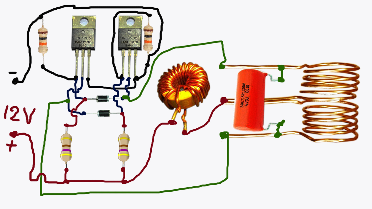 Индукционный нагреватель 12В на транзисторе IRF3205 схема